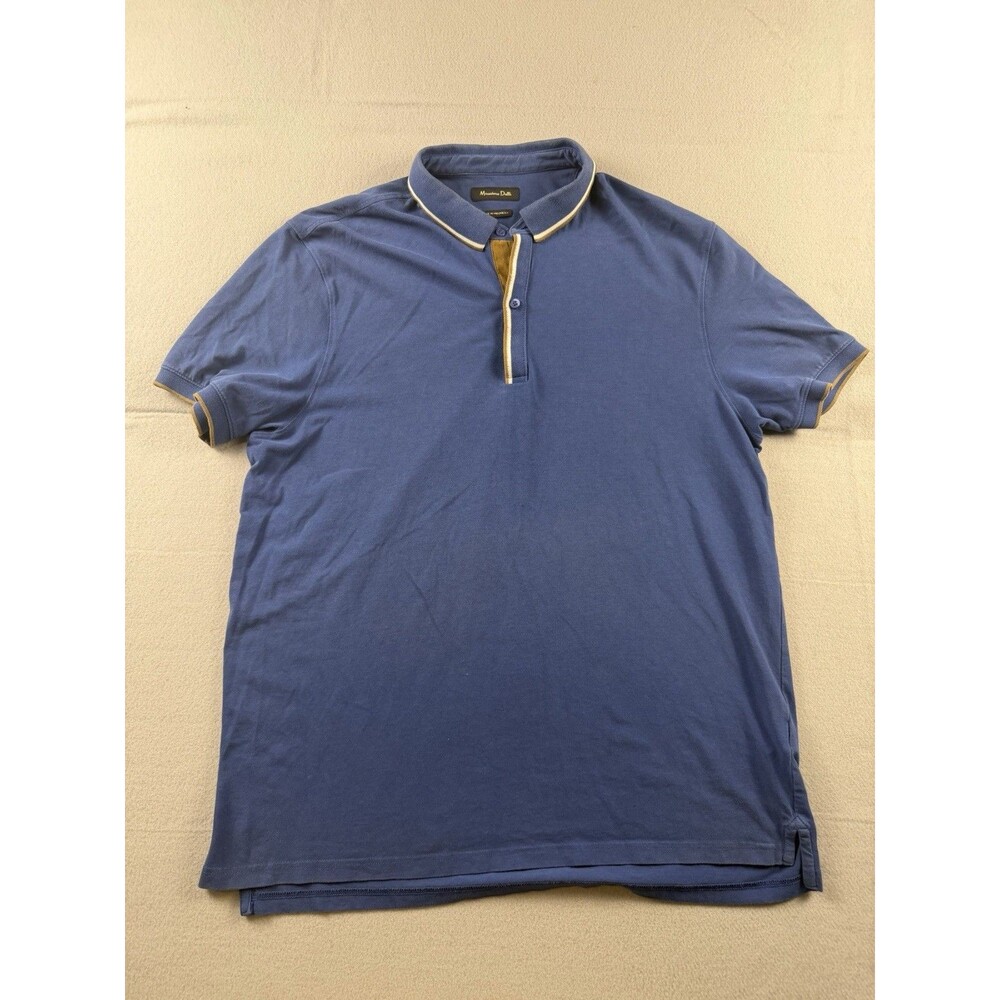 Massimo Dutti Men's Blue Solid Short Sleeve Collared Polo Shirt XL Button MPN